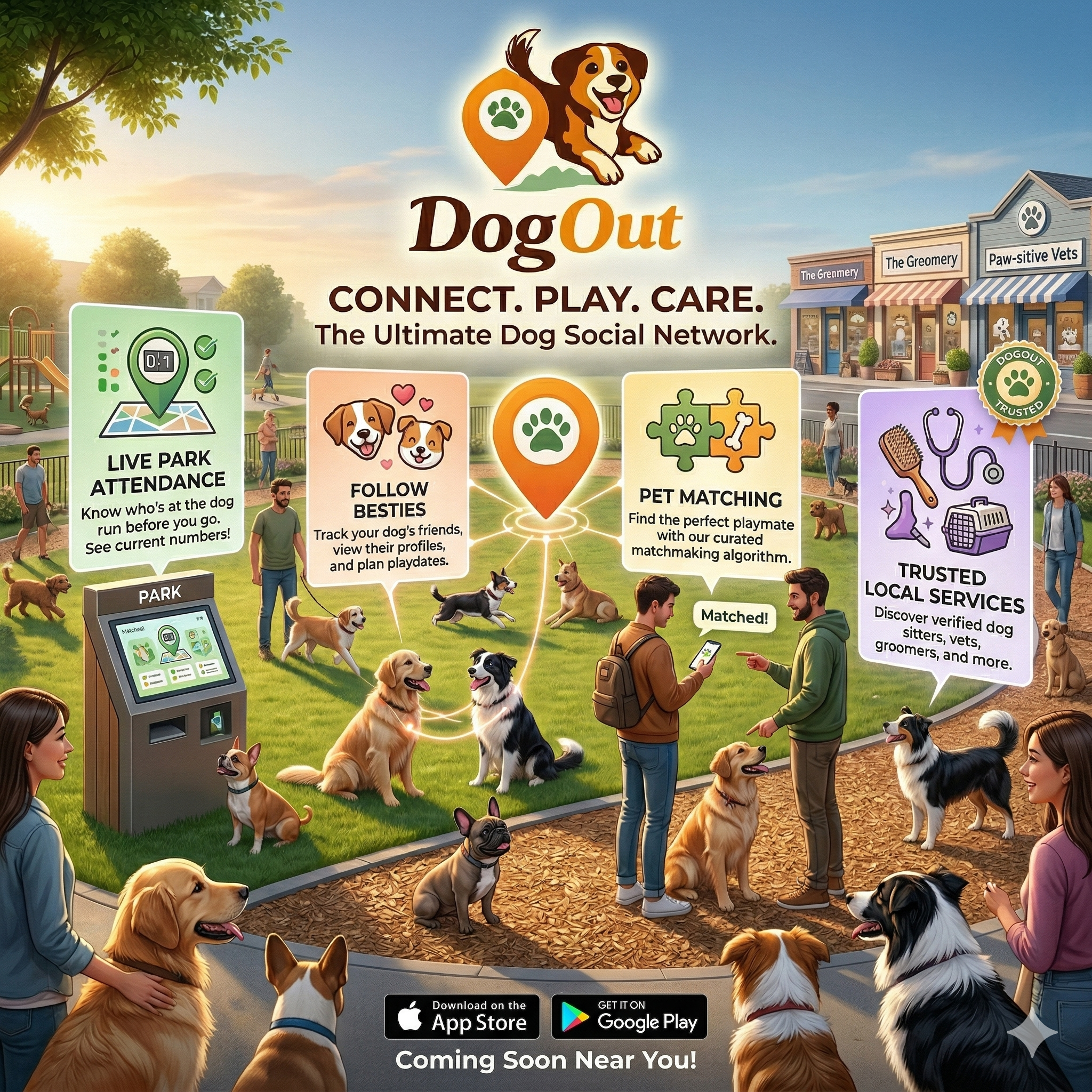 Dogout — Where dogs find their pack. Live park attendance, smart matching, and scheduled playdates in Singapore.
